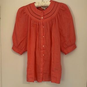 Boden Coral Linen Puff Sleeve Blouse